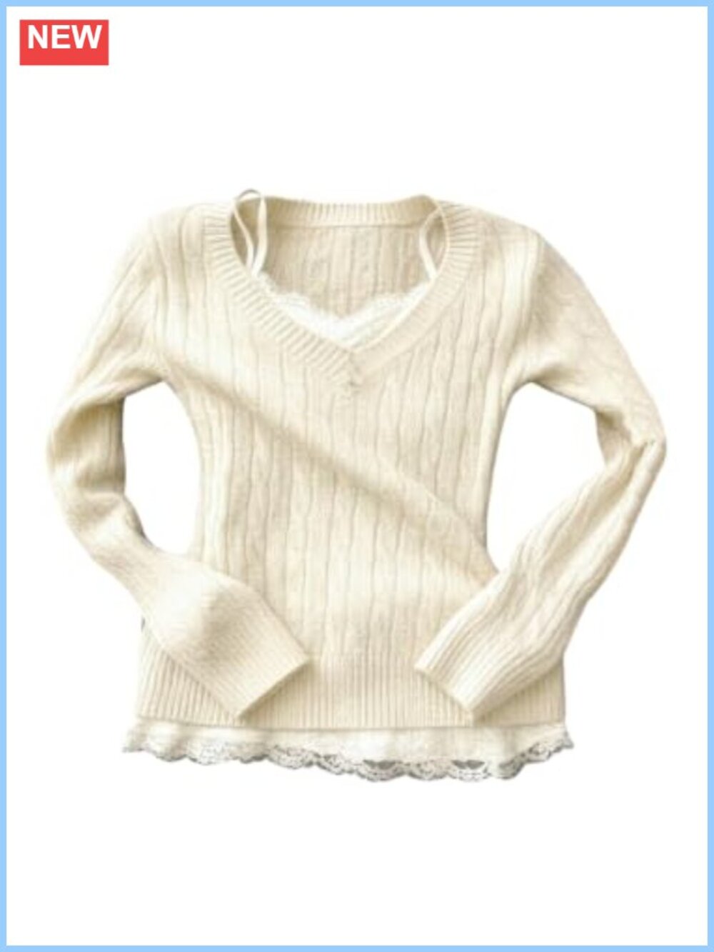 Lace Trim Cable Knit Sweater V-Neck Long Sleeve 2 in 1 Pullover